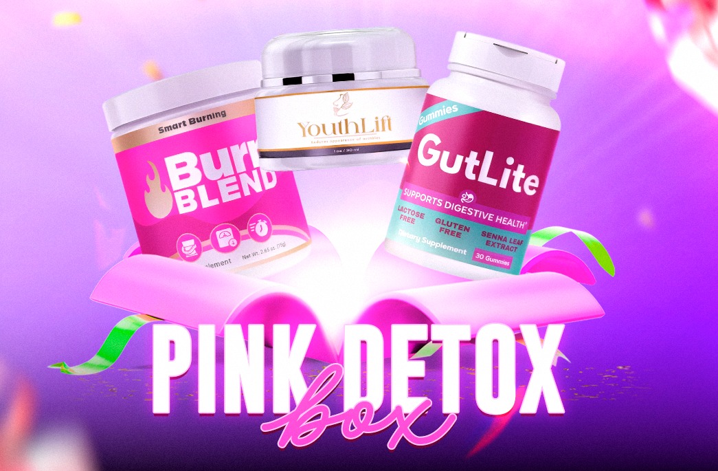 Pink Detox Box com produtos BurnBlend, YouthLift e GutLite